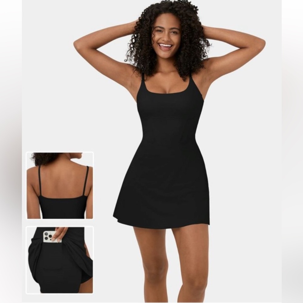 Halara Mini Flare Dress M Cloudful Square Neck Corset Backless 2-in-1 Black NWT
